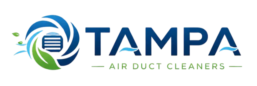 A logo representing Air duct and a turbine with green leaf with text Tampa Air Duct Cleaners