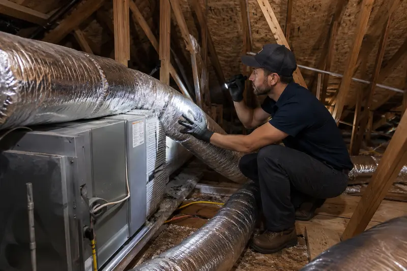 Air duct technician inspecting attic ductwork in a Tampa home