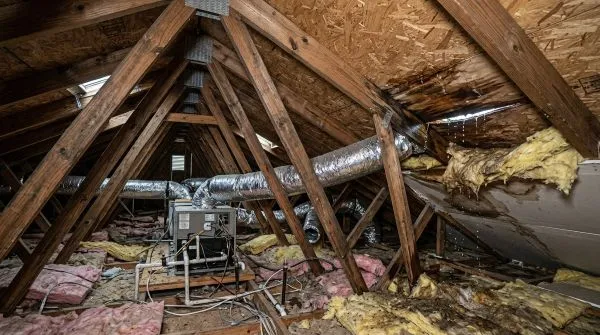 Attic roof leak and water damage from hurricane season affecting ductwork in Tampa