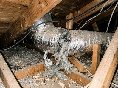 Damaged flex duct with a leaking connection point in a Tampa attic