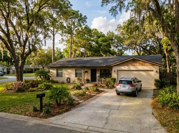 Tampa suburban home during heavy pollen season with visible yellow pollen coating