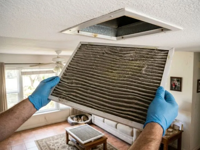 Technician replacing an HVAC air filter in a Tampa home during pollen season