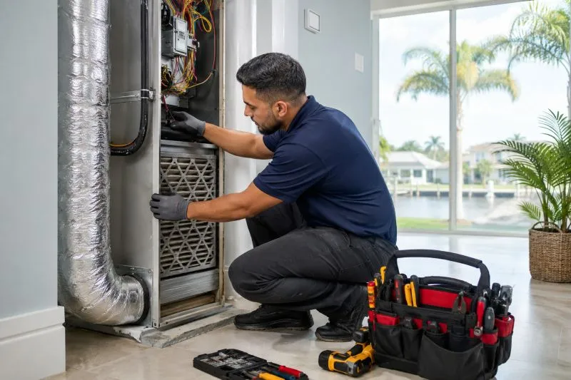 Technician inspecting attic ductwork ahead of hurricane season in Tampa