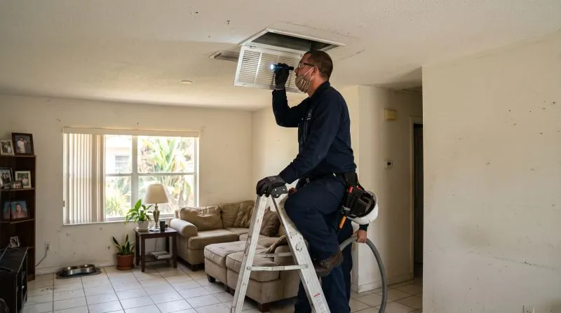 Technician performing an attic duct inspection before cleaning in Tampa