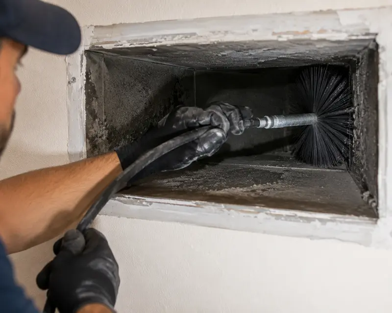 Rotary brush cleaning ductwork affected by Tampa humidity and biofilm buildup