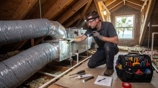 Technician cleaning ductwork in a Tampa Bay coastal home with attention to corrosion